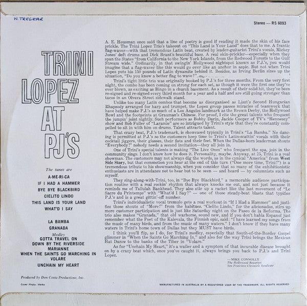 Trini Lopez – Trini Lopez At PJ's LP vinyl record, image 2 of 4