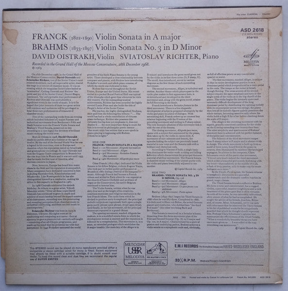 David Oistrach, Sviatoslav Richter, César Franck, Johannes Brahms – Violin Sonata In A / Violin Sonata No. 3 LP vinyl record, image 2 of 4