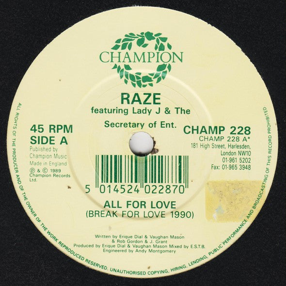 Raze, Lady J, The Secretary Of Entertainment – All 4 Love (Break 4 Love 1990) 7" vinyl record, image 3 of 4