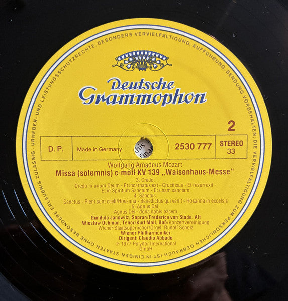Wolfgang Amadeus Mozart, Gundula Janowitz, Frederica von Stade, Wiesław Ochman, Kurt Moll, Wiener Staatsopernchor, Wiener Philharmoniker, Claudio Abbado – Messe KV 139 „Waisenhausmesse” LP vinyl record, image 7 of 7