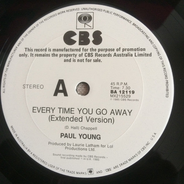 Paul Young – Every Time You Go Away (Extended Remix Version) 12" vinyl record, image 3 of 4