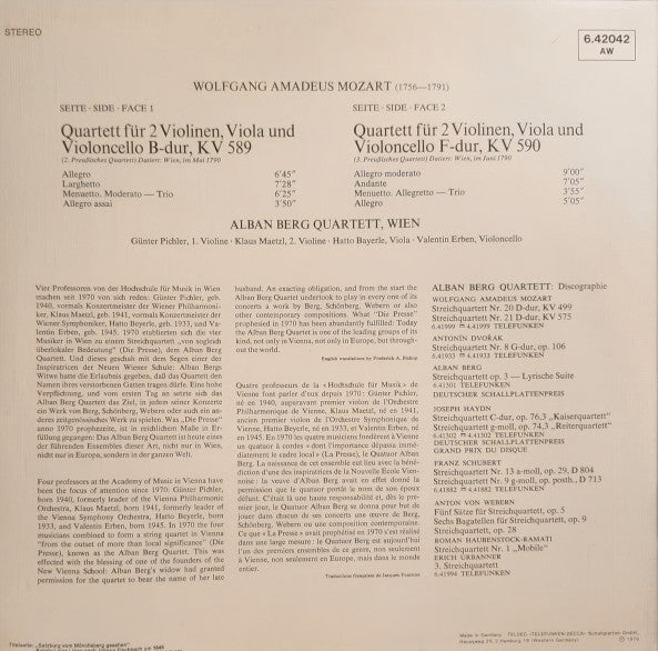 Wolfgang Amadeus Mozart, Alban Berg Quartett – Streichquartette Nr. 22 KV 589 & Nr. 23 KV 590 LP vinyl record, image 2 of 4