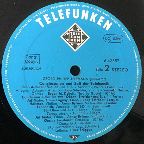 Georg Philipp Telemann – Conclusionen Und Soli Der Tafelmusik LP vinyl record, image 4 of 4