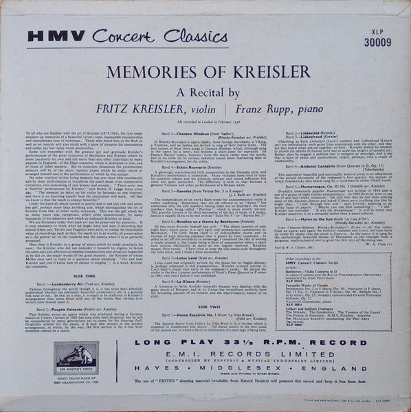 Fritz Kreisler – Memories Of Kreisler LP vinyl record, image 2 of 4