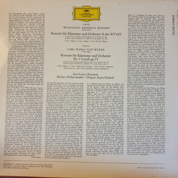 Wolfgang Amadeus Mozart, Carl Maria Von Weber, Rafael Kubelik, Karl Leister, Berliner Philharmoniker – Mozart · Weber: Klarinettenkonzerte LP vinyl record, image 2 of 4