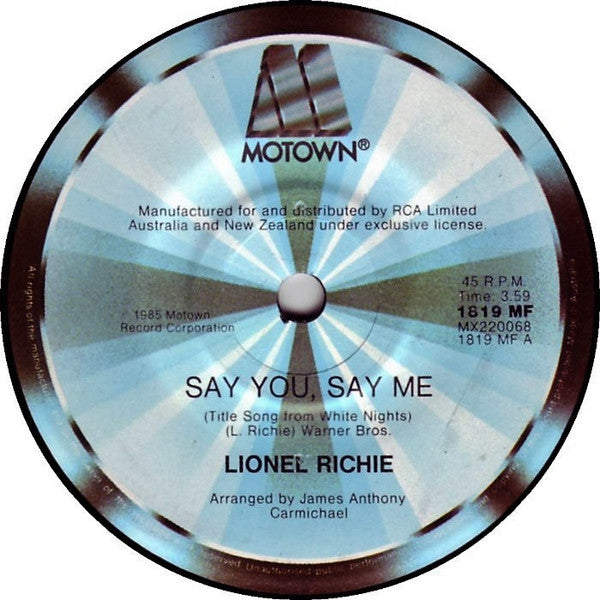 Lionel Richie – Say You, Say Me 7" vinyl record, image 3 of 4
