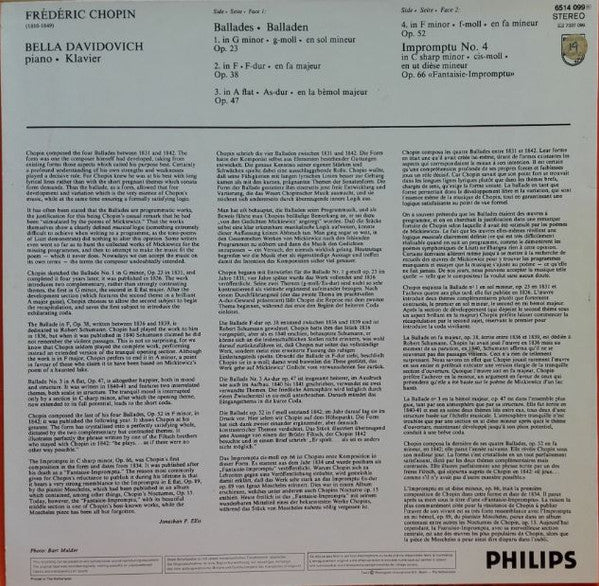 Frédéric Chopin, Bella Davidovich – 4 Ballades ∙ Fantaisie-Impromptu LP vinyl record, image 2 of 4