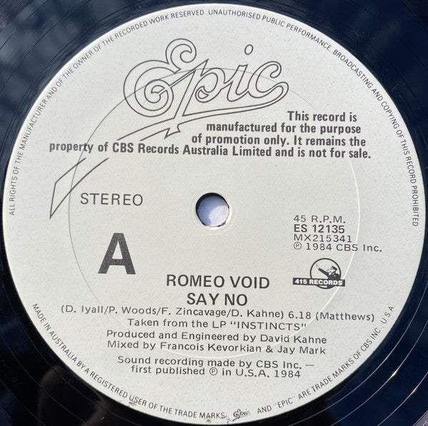 Romeo Void – Say No 12" vinyl record, image 3 of 4