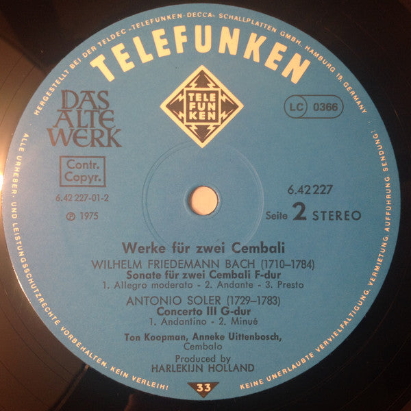 Ton Koopman, Anneke Uittenbosch – Werke Für Zwei Cembali Works For Two Harpsichords/Oeuvres Pour Deux Clavecins LP vinyl record, image 3 of 6