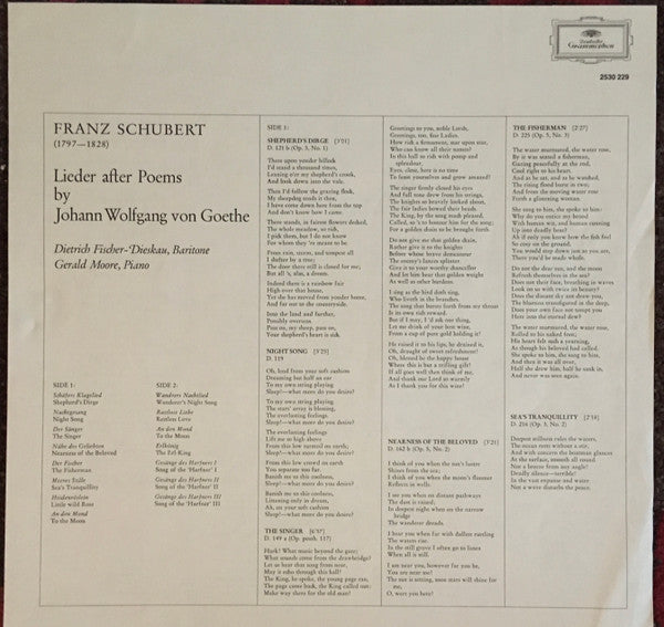 Franz Schubert, Dietrich Fischer-Dieskau, Gerald Moore – Lieder Nach Texten Von Goethe LP vinyl record, image 6 of 7