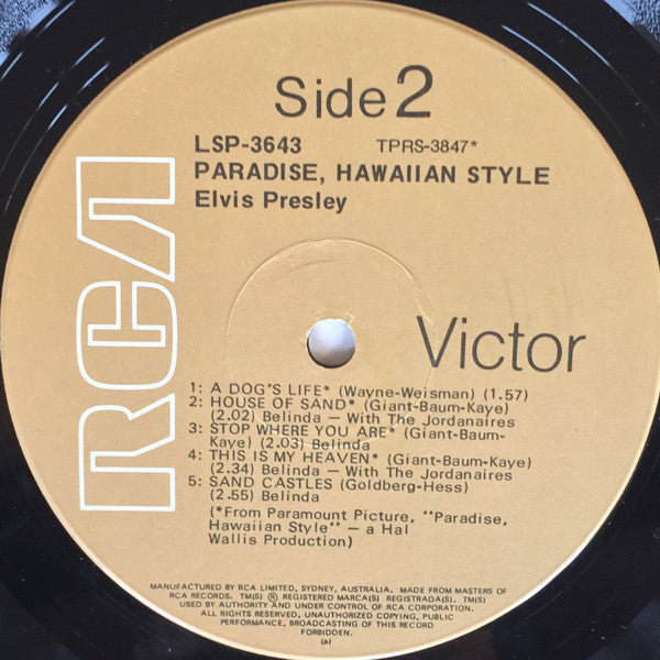 Elvis Presley – Paradise, Hawaiian Style LP vinyl record, image 4 of 4