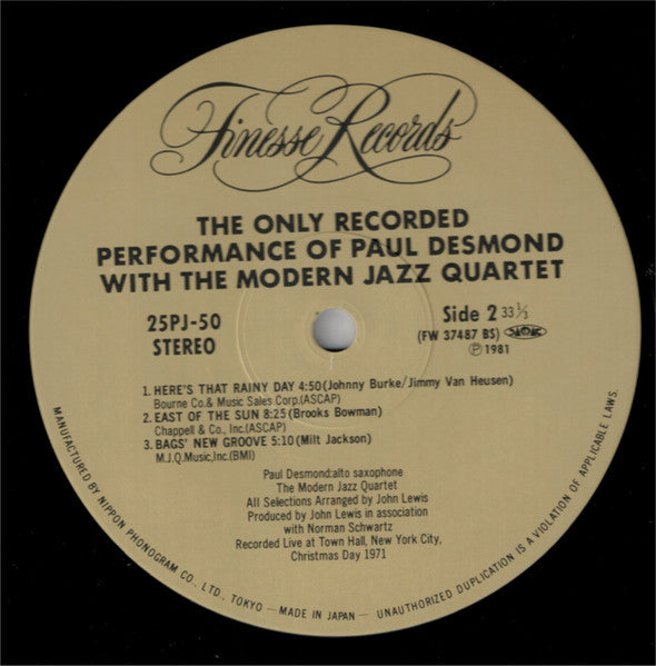Paul Desmond, The Modern Jazz Quartet – The Only Recorded Performance Of Paul Desmond With The Modern Jazz Quartet LP vinyl record, image 5 of 5