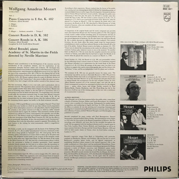Wolfgang Amadeus Mozart, Alfred Brendel, The Academy Of St. Martin-in-the-Fields, Sir Neville Marriner – Piano Concerto In E Flat, K. 482 / Rondos, K. 382 And K. 386 LP vinyl record, image 2 of 4