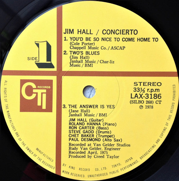 Jim Hall, Jim Hall – Concierto = アランフェス協奏曲 LP vinyl record, image 5 of 10