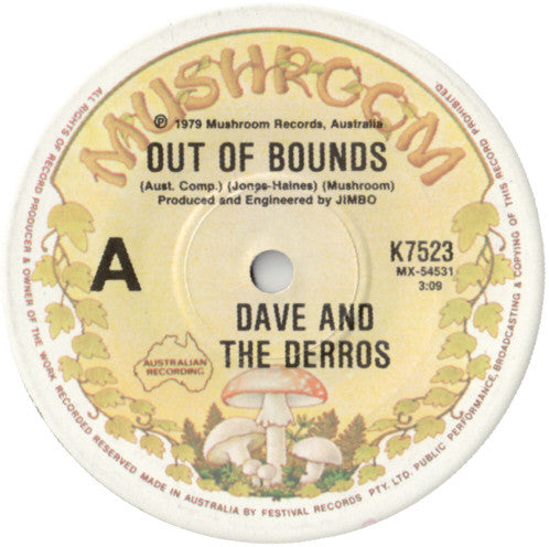 Dave And The Derros – Out Of Bounds 7" vinyl record, image 1 of 2