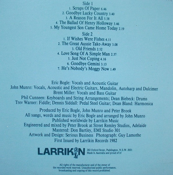 Eric Bogle, John Munro, Brent Miller – Scraps Of Paper LP vinyl record, image 3 of 7