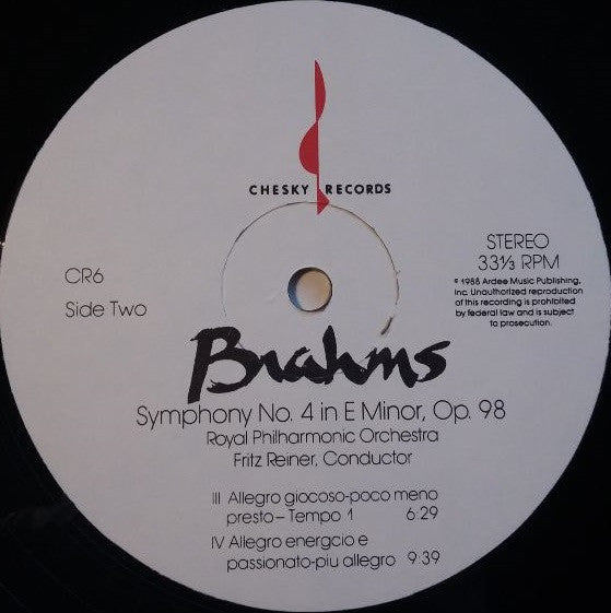 Johannes Brahms, Royal Philharmonic Orchestra, Fritz Reiner – Symphony No. 4 In E Minor. Opus 98 LP vinyl record, image 4 of 4