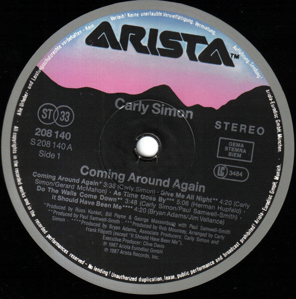 Carly Simon – Coming Around Again LP vinyl record, image 3 of 6