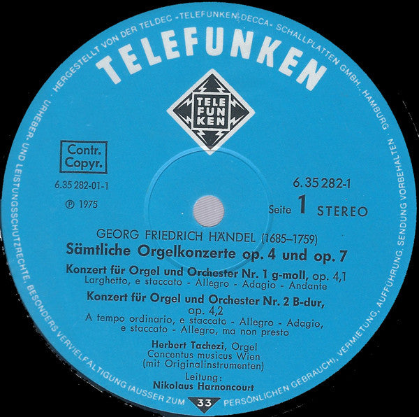 Georg Friedrich Händel, Herbert Tachezi, Nikolaus Harnoncourt, Concentus Musicus Wien – Sämtliche Orgelkonzerte Op.4 & Op.7 (3xLP) LP vinyl record, image 3 of 3
