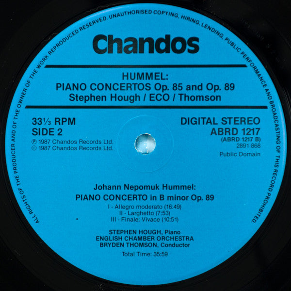 Johann Nepomuk Hummel, Stephen Hough, English Chamber Orchestra, Bryden Thomson – Piano Concerto In B Minor Op. 89 / Piano Concerto In A Minor Op. 85 LP vinyl record, image 4 of 5