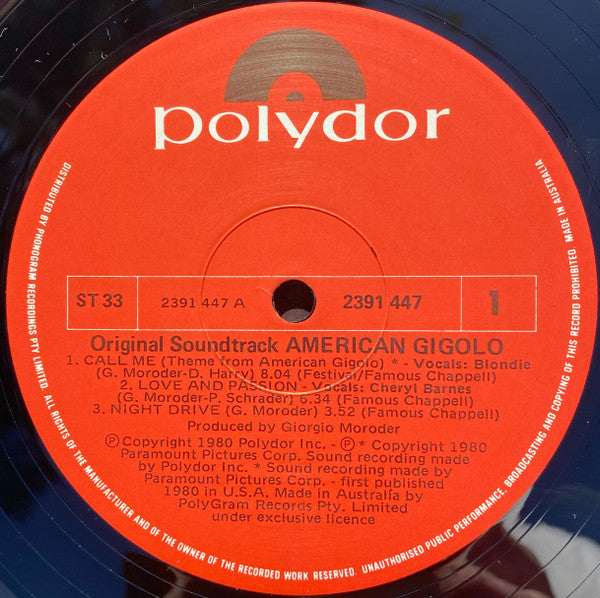 Giorgio Moroder – American Gigolo (Original Soundtrack Recording) LP vinyl record, image 3 of 4