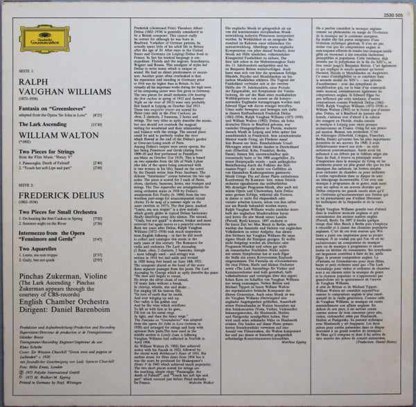 Ralph Vaughan Williams, Sir William Walton, Frederick Delius, Pinchas Zukerman, English Chamber Orchestra, Daniel Barenboim – Greensleeves LP vinyl record, image 2 of 6