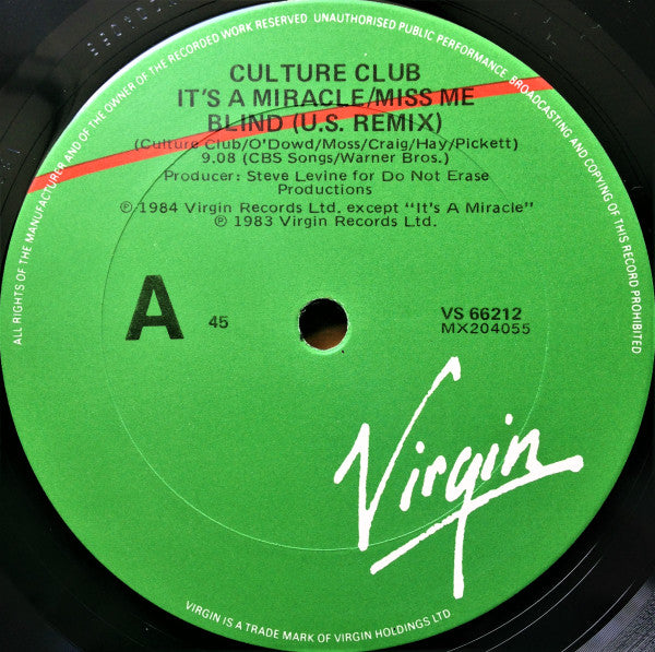 Culture Club – It's A Miracle / Miss Me Blind 12" vinyl record, image 4 of 5