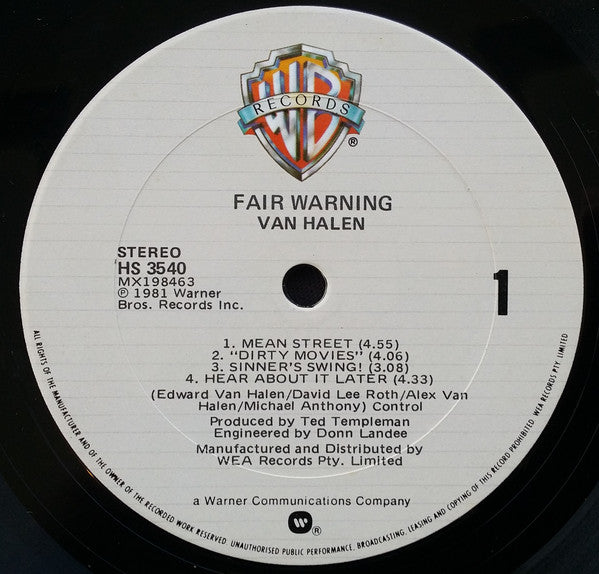 Van Halen – Fair Warning LP vinyl record, image 5 of 6