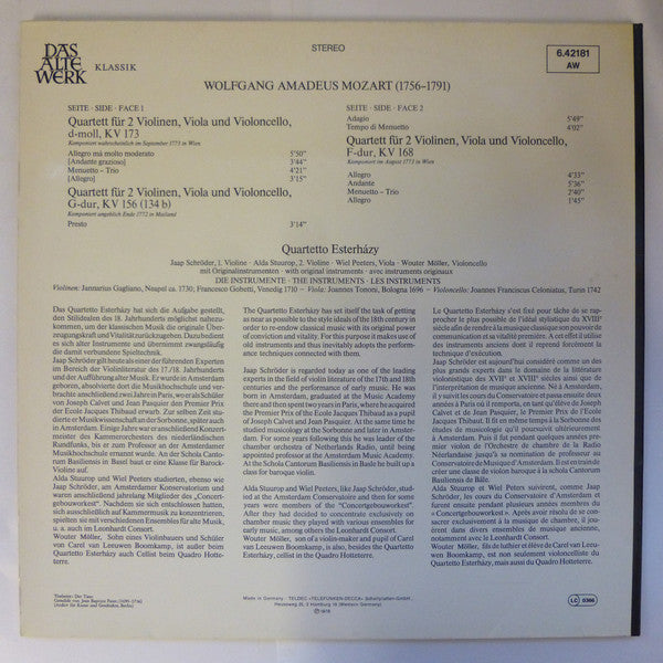 Wolfgang Amadeus Mozart, Quartetto Esterházy – Streichquartette = String Quartets = Quatuors À Cordes KV 156, KV 168, KV 173 LP vinyl record, image 2 of 4