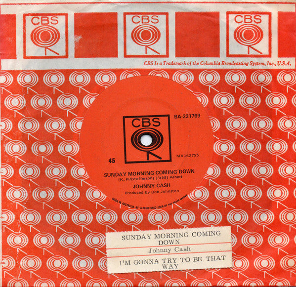 Johnny Cash – Sunday Morning Coming Down / I'm Gonna Try To Be That Way 7" vinyl record, image 1 of 2