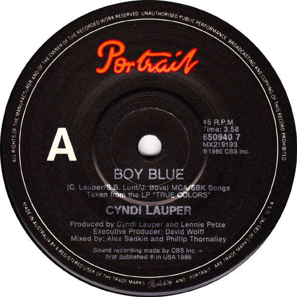Cyndi Lauper – Boy Blue 7" vinyl record, image 1 of 2
