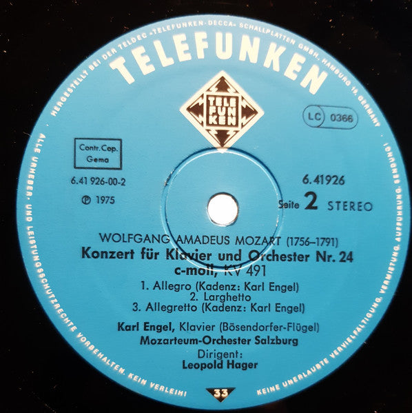 Wolfgang Amadeus Mozart, Leopold Hager, Das Mozarteum Orchester Salzburg, Karl Engel – Klavierkonzert - Piano Concertos - Concertos Pour Piano - Nr.18 KV 456 / Nr.24 KV 491 LP vinyl record, image 4 of 6
