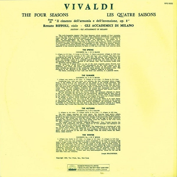 Antonio Vivaldi, Gli Accademici Di Milano – The Four Seasons / Les Quatre Saisons, From "Il Cimento Dell'Armonia E Dell'Invenzione", Op. 8 LP vinyl record, image 2 of 4