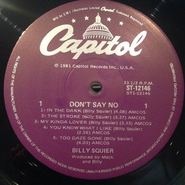 Billy Squier – Don't Say No LP vinyl record, image 4 of 5