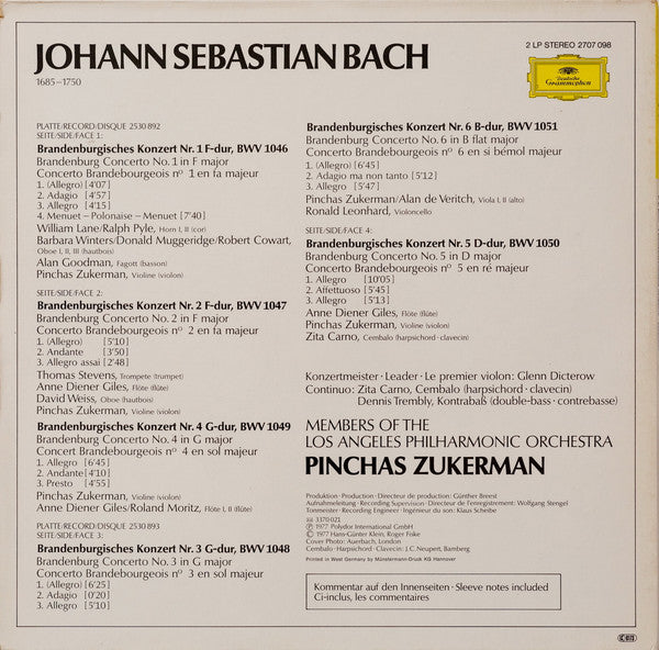 Johann Sebastian Bach, Members Of The Los Angeles Philharmonic, Pinchas Zukerman – 6 Brandenburghische Konzerte (2xLP) LP vinyl record, image 4 of 8