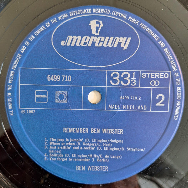 Ben Webster – Remember Ben Webster LP vinyl record, image 4 of 4