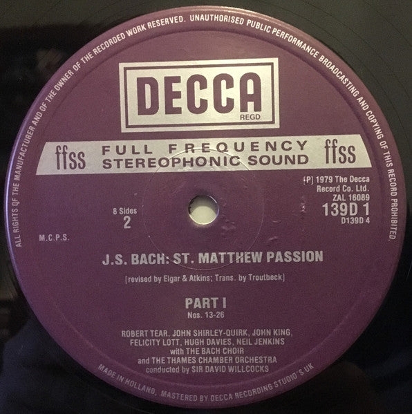 Johann Sebastian Bach, Robert Tear, John Shirley-Quirk, Felicity Lott, Alfreda Hodgson, Neil Jenkins, Stephen Roberts, St. Paul's Cathedral Choir, The Bach Choir, The Thames Chamber Orchestra, David Willcocks – St. Matthew Passion (4xLP) LP vinyl record, image 5 of 10