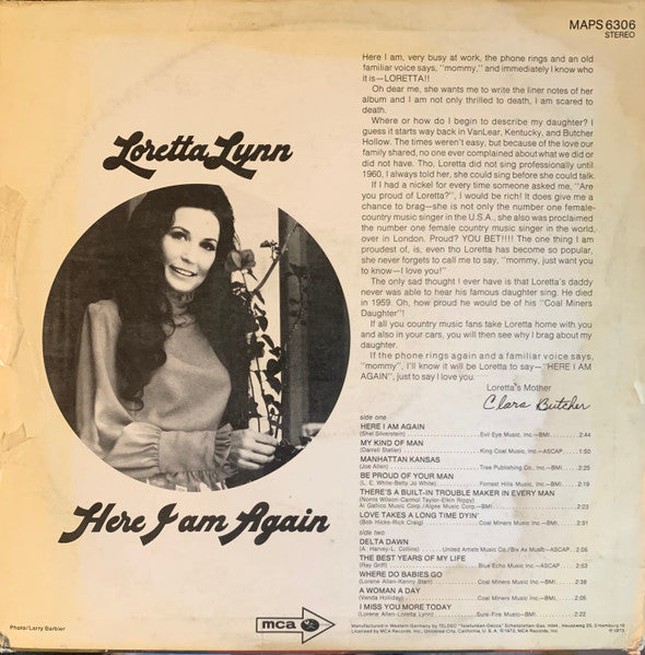 Loretta Lynn – Here I Am Again LP vinyl record, image 2 of 4