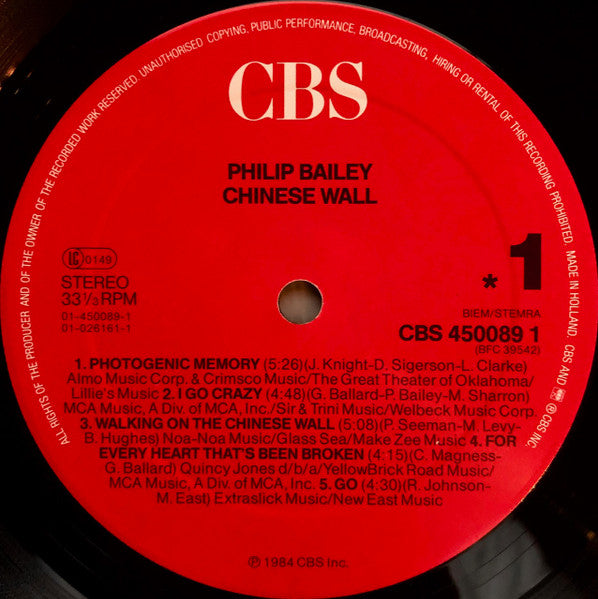 Philip Bailey – Chinese Wall LP vinyl record, image 3 of 6