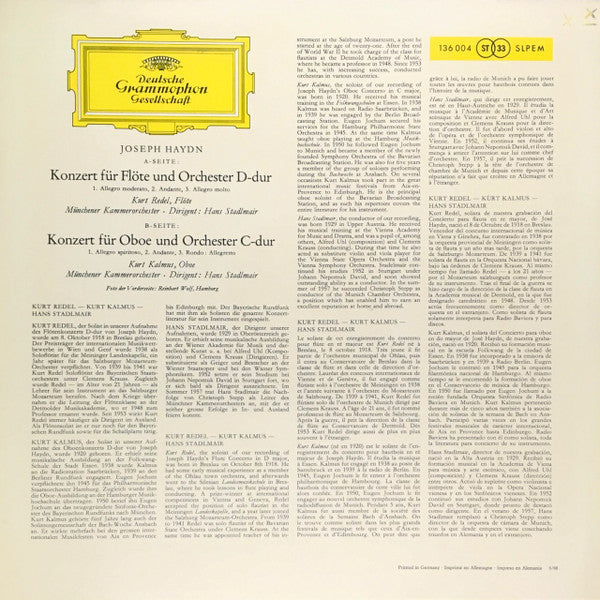 Joseph Haydn, Kurt Redel, Kurt Kalmus, Münchener Kammerorchester, Hans Stadlmair – Flötenkonzert D-dur, Oboenkonzert C-dur LP vinyl record, image 2 of 4