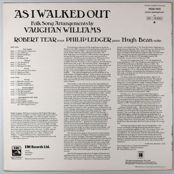 Ralph Vaughan Williams, Robert Tear, Philip Ledger, Hugh Bean – As I Walked Out - Folk Song Arrangements LP vinyl record, image 2 of 4