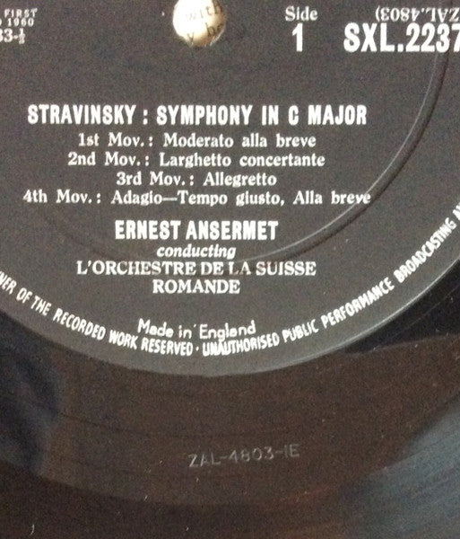 Igor Stravinsky, Ernest Ansermet, L'Orchestre De La Suisse Romande – Symphony In C / Symphony In 3 Movements LP vinyl record, image 4 of 6