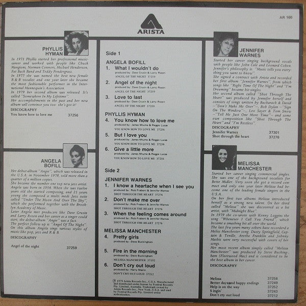 Jennifer Warnes, Phyllis Hyman, Melissa Manchester, Angela Bofill – Promotional Album - Not For Sale LP vinyl record, image 2 of 4