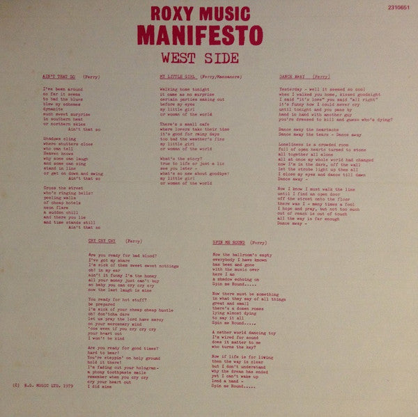 Roxy Music – Manifesto LP vinyl record, image 3 of 6
