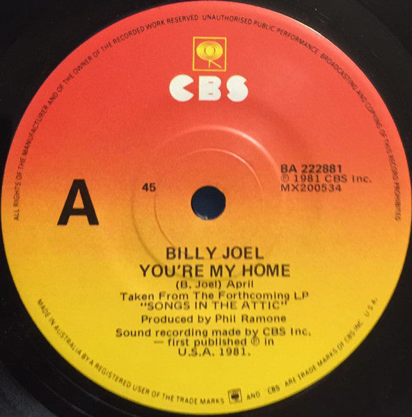 Billy Joel – You're My Home 7" vinyl record, image 1 of 3