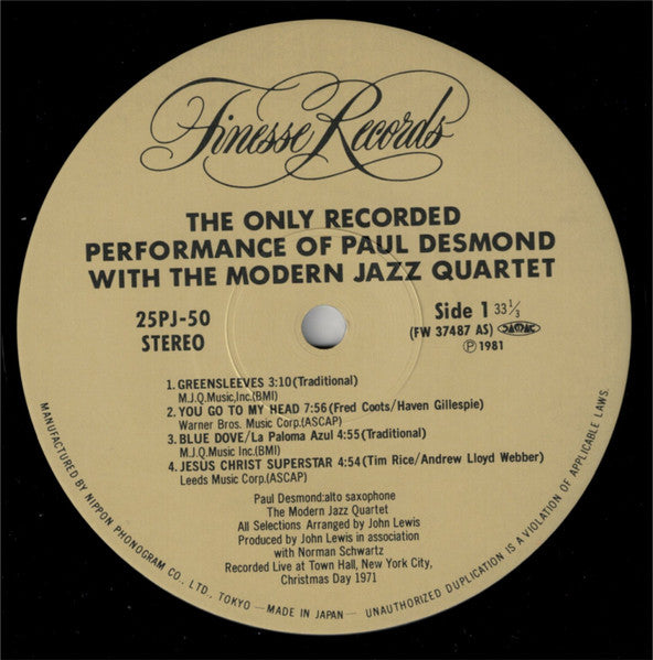 Paul Desmond, The Modern Jazz Quartet – The Only Recorded Performance Of Paul Desmond With The Modern Jazz Quartet LP vinyl record, image 4 of 5