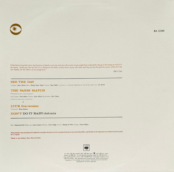 Dee C. Lee – See The Day 12" vinyl record, image 2 of 4