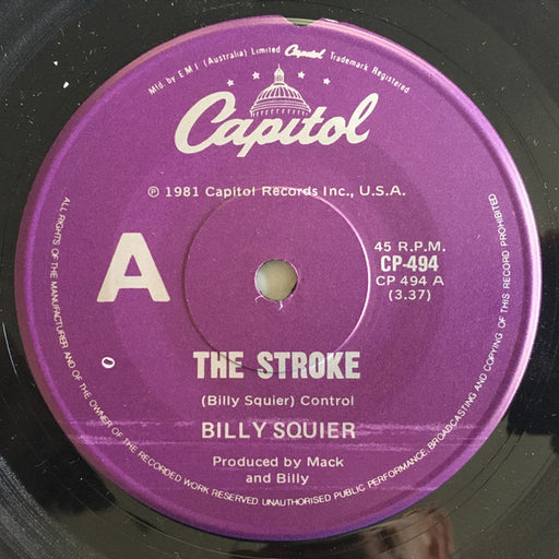 Billy Squier – The Stroke 7" vinyl record, image 1 of 3