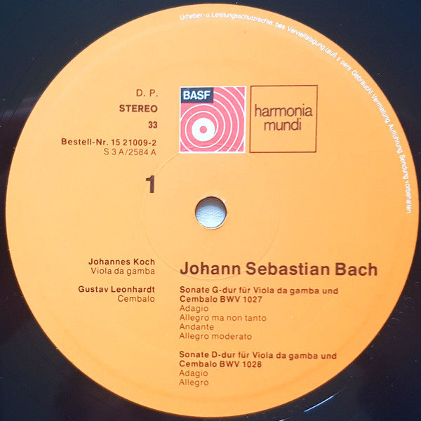 Johann Sebastian Bach, Johannes Koch, Gustav Leonhardt – 3 Sonaten Für Viola Da Gamba Und Cembalo BWV 1027-1029 LP vinyl record, image 3 of 4