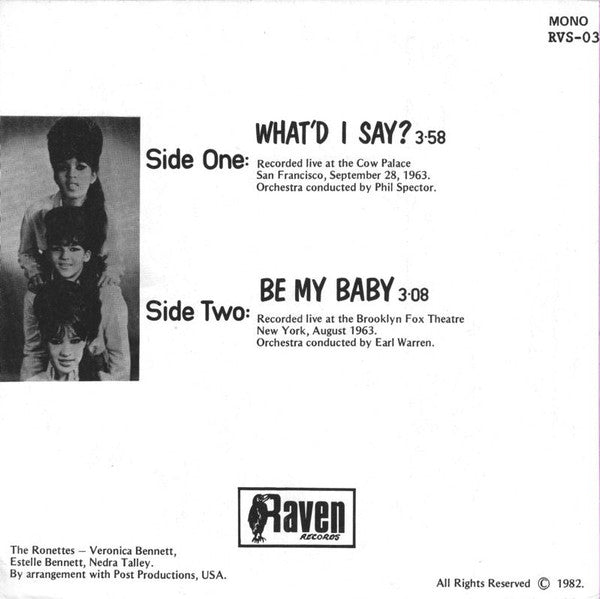 The Ronettes – What'd I Say / Be My Baby 7" vinyl record, image 2 of 4